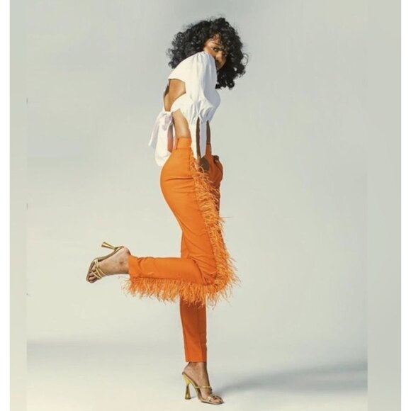 Hanifa Ava Ostrich Feather Pants Fitted Statement Blogger Fave Orange Small - Picture 1 of 16